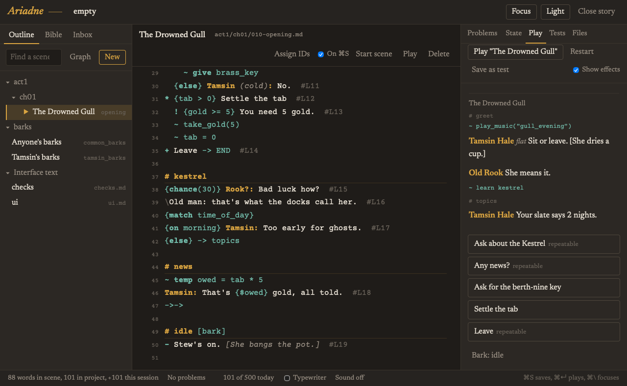 Ariadne: a scene in the script editor with the Play panel open beside it