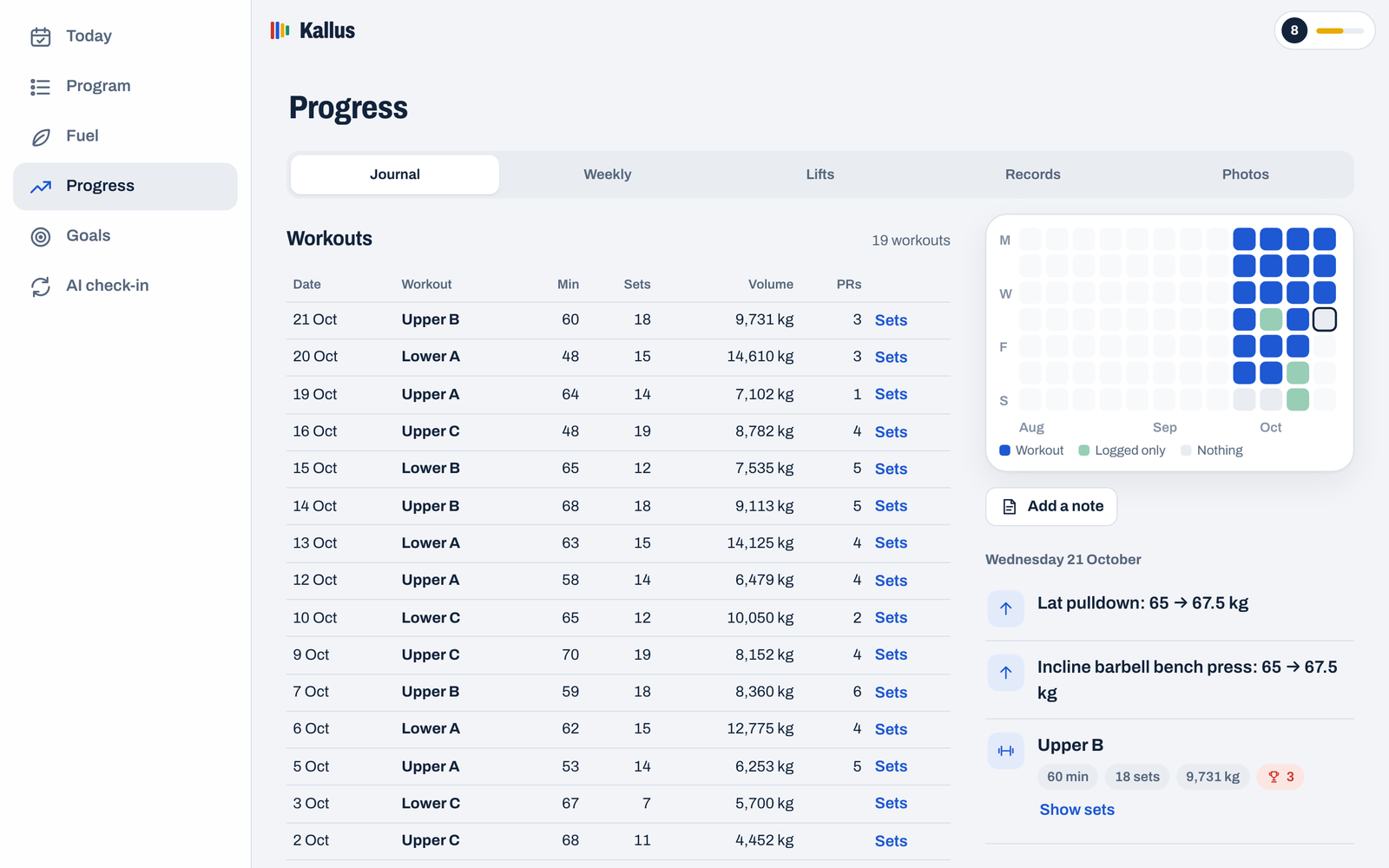 Kallus on a computer: a journal of workouts, a training calendar and recent records