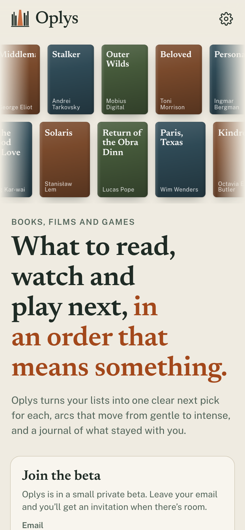 Oplys: the start page with book, film and game covers