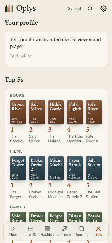Oplys: your profile with top 5 books, films and games