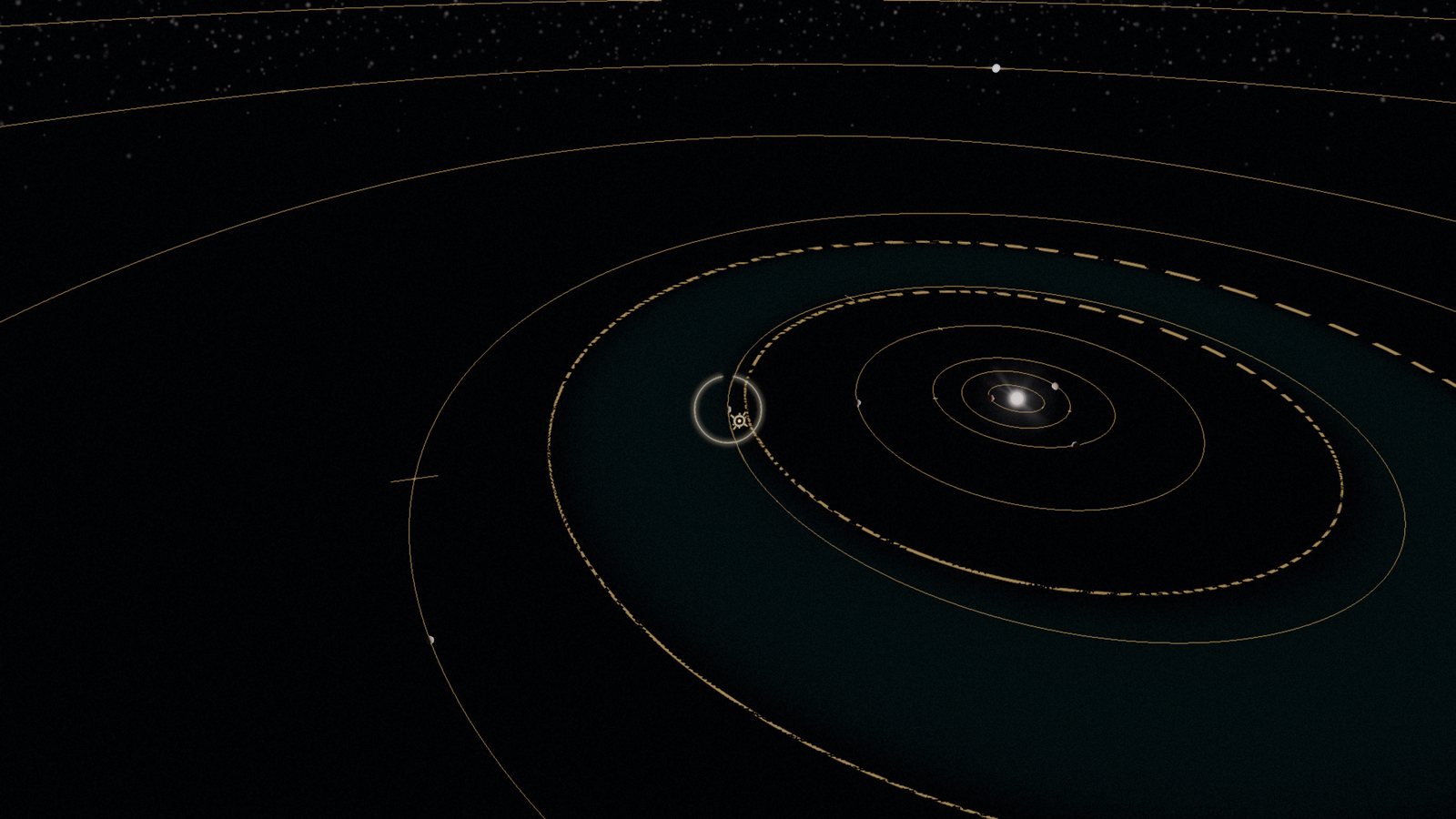 A star system with its orbits drawn in gold